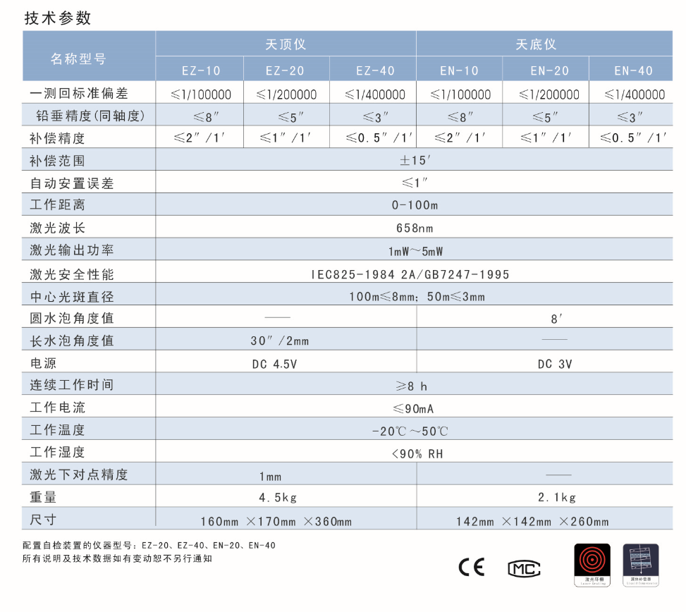 EZ-10、EZ-20、EZ-40激光自動(dòng)安平天頂儀/上垂準(zhǔn)儀技術(shù)參數(shù)